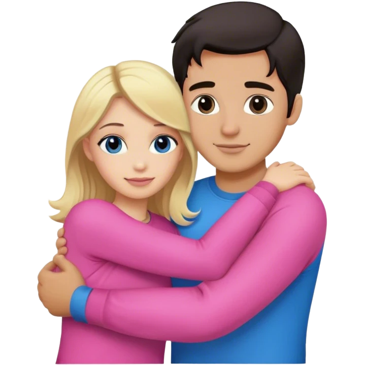 Cute blonde woman wearing pink with cute dark hair man wearing blue hugging emoji