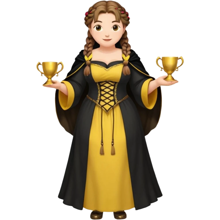 Helga Hufflepuff,brown-haired,2 braids,yellow-black medieval open dress,deep neckline,fat macromastia,black cloak decorated with gold braiding,gold cup with two handles,very kind smile,curvy busty sweet woman,round rosy cheeks,full length with medieval shoes emoji