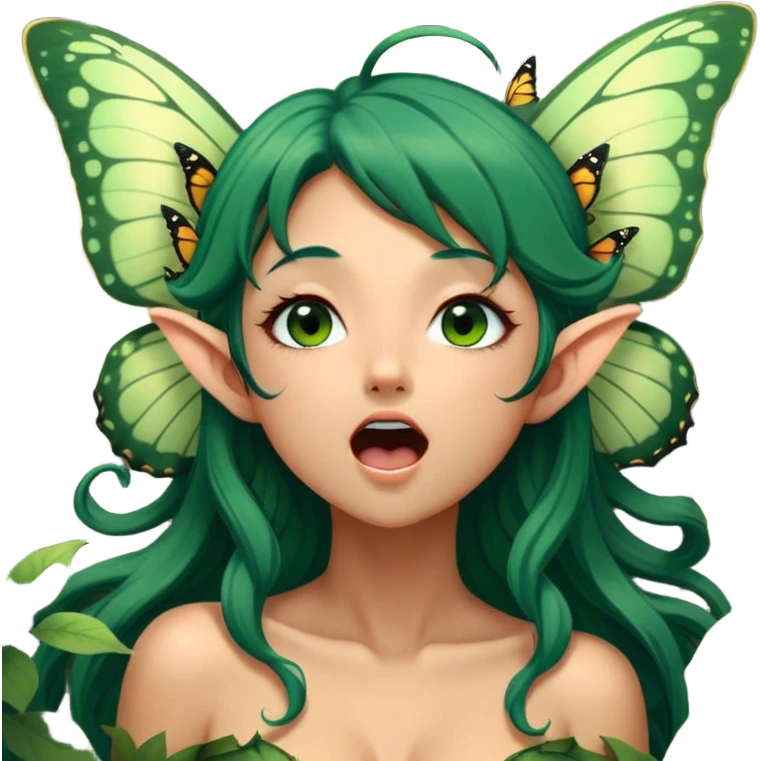 Cinematic Realistic Forest Nymph Fairy Portrait, head tilted slightly with a dramatic, wide-open yawn, revealing a tender, relaxed visage with finely detailed tanned skin and flowing, vine-adorned dark green hair gently framing her face. Her sleepy eyes exude a serene, dreamlike quality as soft natural sunlight filters through the canopy, showing her large butterfly wings from her back capturing the essence of a drowsy yet captivating forest nymph drifting into peaceful slumber. emoji