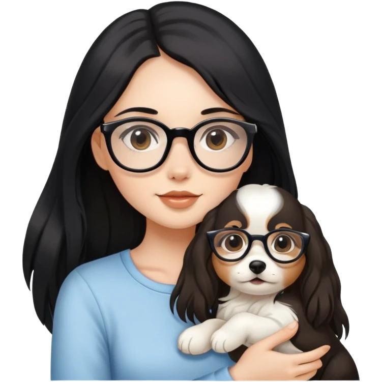 A beautiful girl with long black hair and glasses is holding a long-haired white and brown puppy emoji