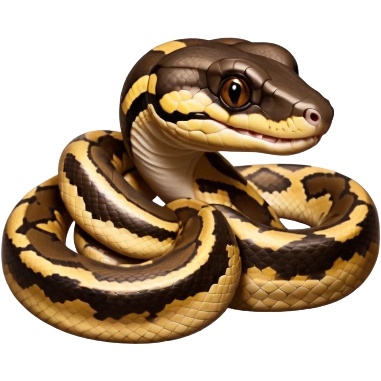 A photo-realistic digital illustration of a Ball Python, large headshot portrait. The snake has a short, rounded snout, smooth contours, and a calm, curious expression. Its head is warm brown with bold, irregular dark markings, including the signature “alien-head” pattern.  emoji