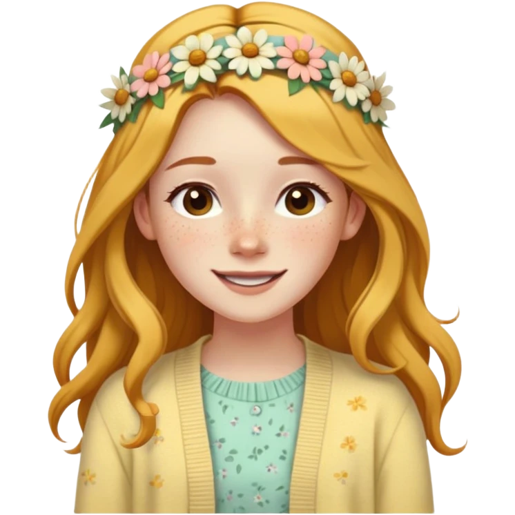  A freckled girl with long hair, a floral headband, and a pastel yellow cardigan, looking joyful. emoji