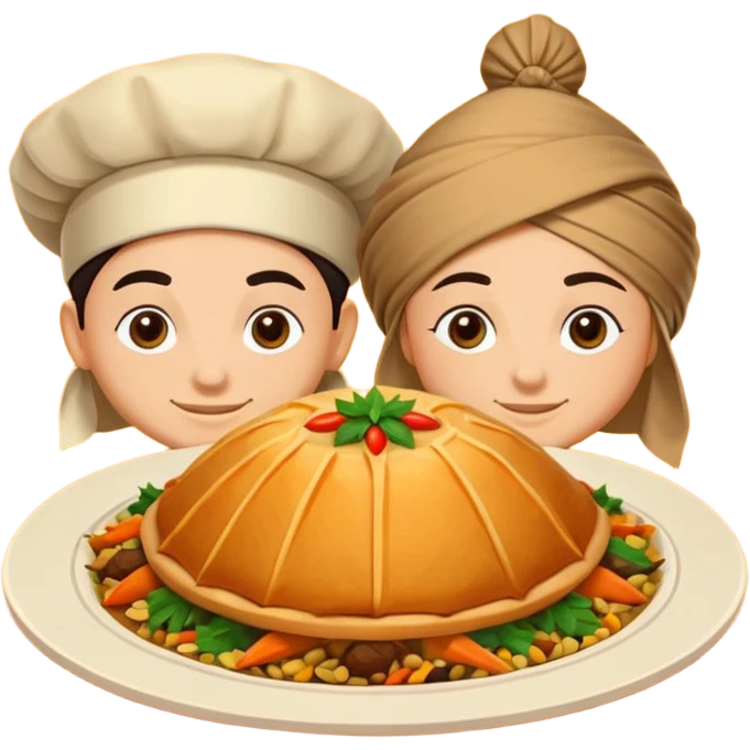 Uzbek cuisine avatar in bright emoji-style illustration. Classic dishes like plov and samsa, warm golden and earthy tones, simple shapes, flat design, high contrast, friendly and appetizing. emoji