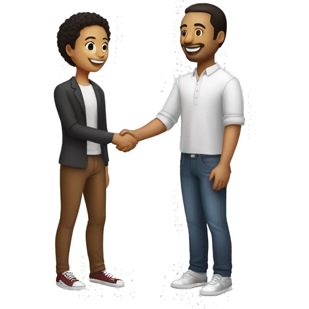 an adult restaurant owner and a yoan adult restaurant owner and a young blogger shake hands, both with white skin, in great detail, in full height emoji