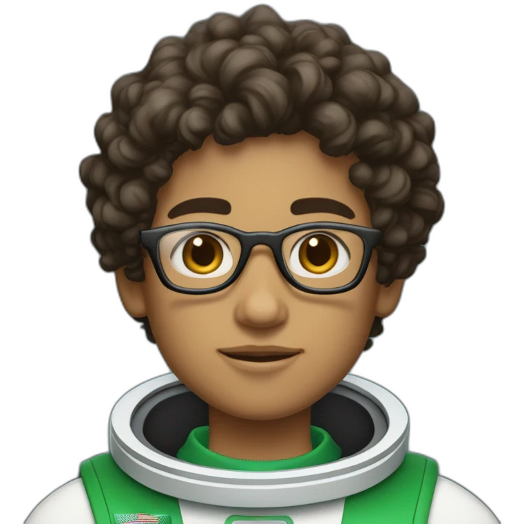 Light skinned Boy with black short curly hear and beardand glasses wearing a white astronaut suit with the saudi flag emoji