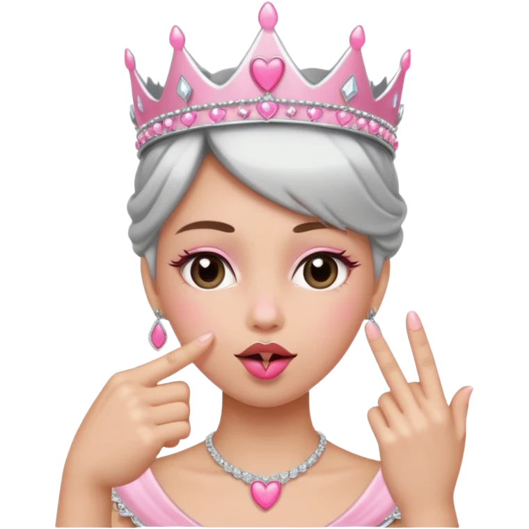 Middle finger flipping off with a ring on it and silver and pink tiara on persons head and a kissy face with a pink heart emoji
