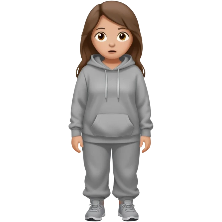 Chica grande  asustada de cuerpo completo mirado a la izquierda con pelo castaño largo y piel blanca  pantalones baggy  grises y hoodie gris  emoji