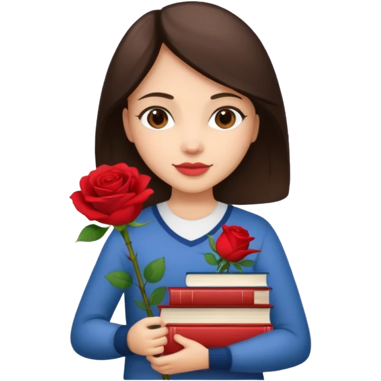 Brunette holds a stack of books + flower emoji