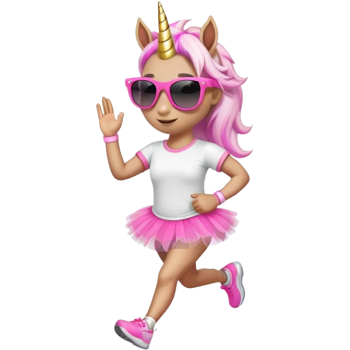 friendly anthropomorphised female unicorn in tutu and pink t-shirt, wearing dark sunglasses, jogging upright in standard pose emoji