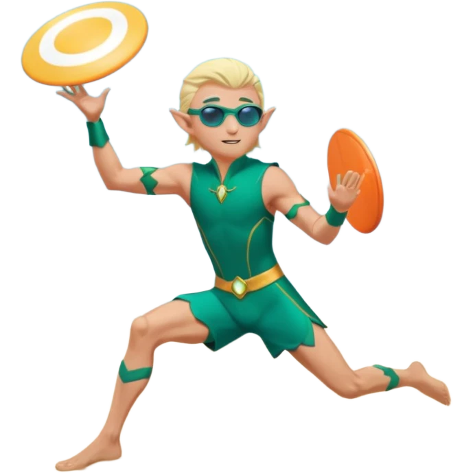elf male legolas launching a frisbee woven from pure sunlight, wearing sporty teal swim shorts and performance sunglasses, athletic pose, pointy ears, dynamic motion lines, beach sky backdrop, centered emoji emoji