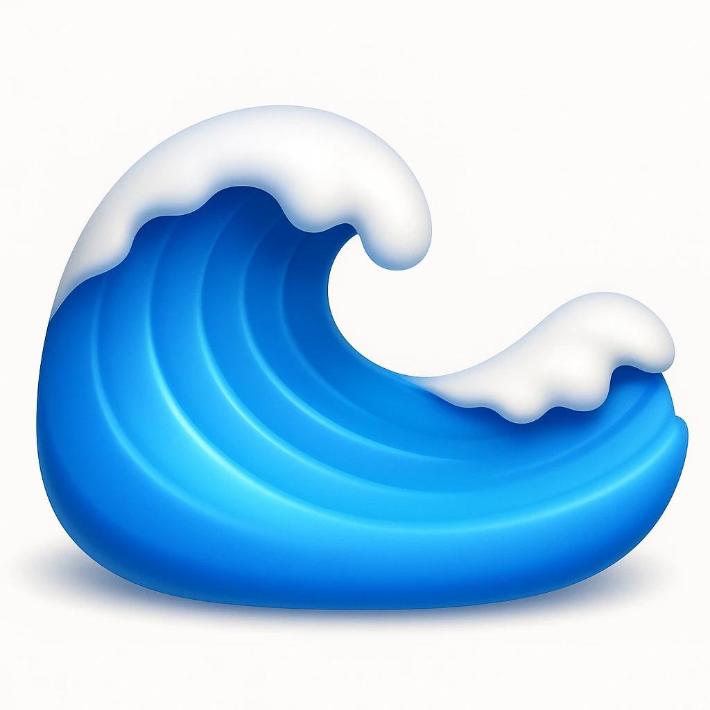 Create a wave emoji that looks exactly like the reference image in classic iOS emoji style. The emoji should be 3D with shiny, smooth gradients, soft shadows, and use blue and white colors to match the classic emoji look. Add a soft shadow under the wave. emoji