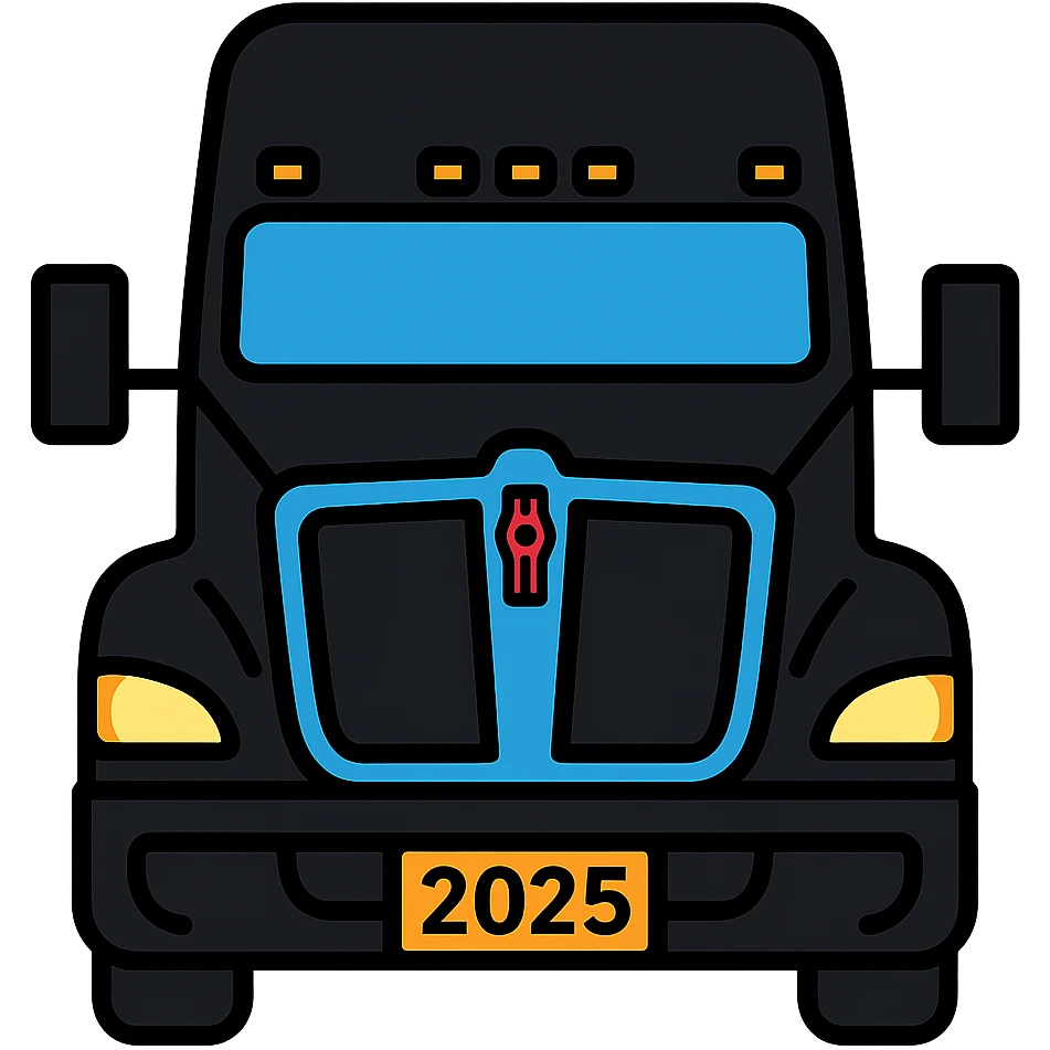 Detailed vector illustration style close-up front view of a 2025 Kenworth T680 truck in black color with headlights on, no background. emoji