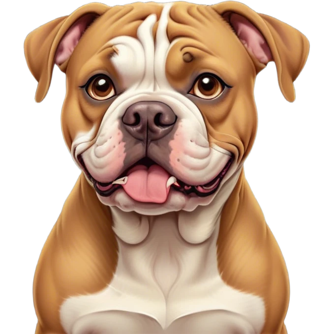 Cinematic Comical Solid Tan American Bulldog Portrait Emoji, Head tilted dramatically with an exaggeratedly shocked or offended expression, short tan fur with a slightly wrinkled forehead, wide, expressive brown eyes filled with exaggerated disbelief, Simplified yet hilariously expressive features, highly detailed, glowing with a slightly sassy glow, high shine, dramatic yet playful, stylized with an air of attitude, bright and endearing, soft glowing outline, capturing the essence of a sassy and over-the-top pup, so meme-worthy it feels like it could side-eye its way into internet fame instantly! emoji