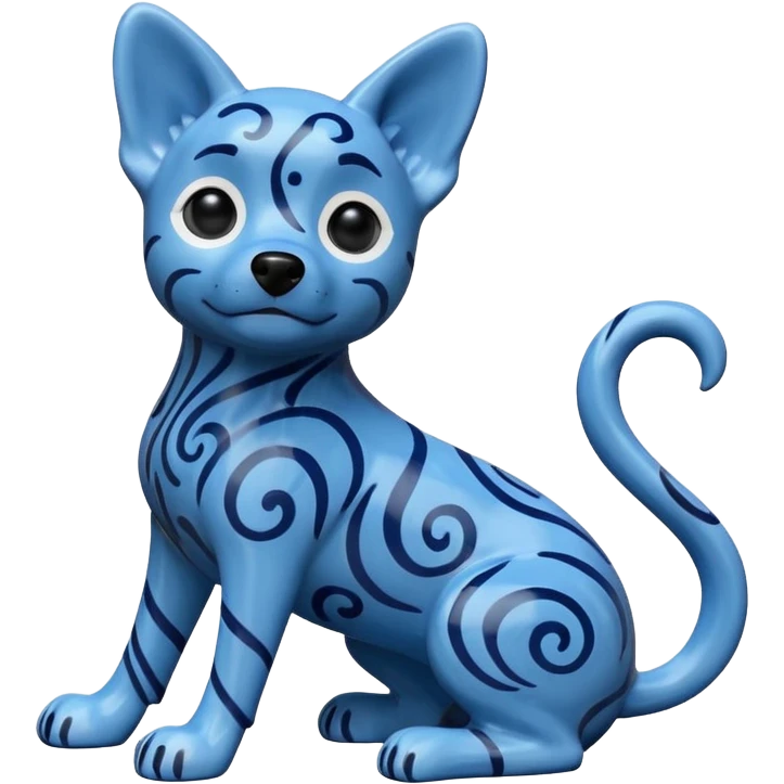 The image is of a small figurine of a blue dog. The dog is sitting on its hind legs with its front paws stretched out in front of it. The body of the dog is covered in a pattern of blue and black swirls, giving it a textured appearance.  emoji