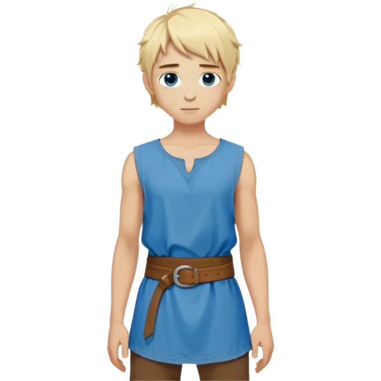 medieval summer outfit worn by a DnD themed fantasy character. basic sleeveless cotton tunic with a loose fit and a thin leather belt. clothes only above the waist. The clothes full waist. The character's haven't arms. character is white-skinned, blonde hair, blue eyes, short messy hair. emoji