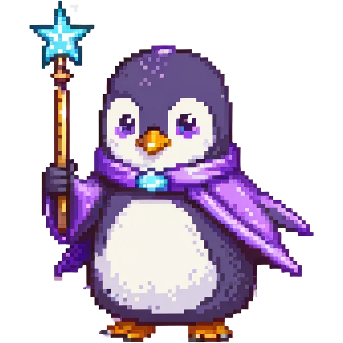 penguin wizard with a purple robe and magic wand emoji