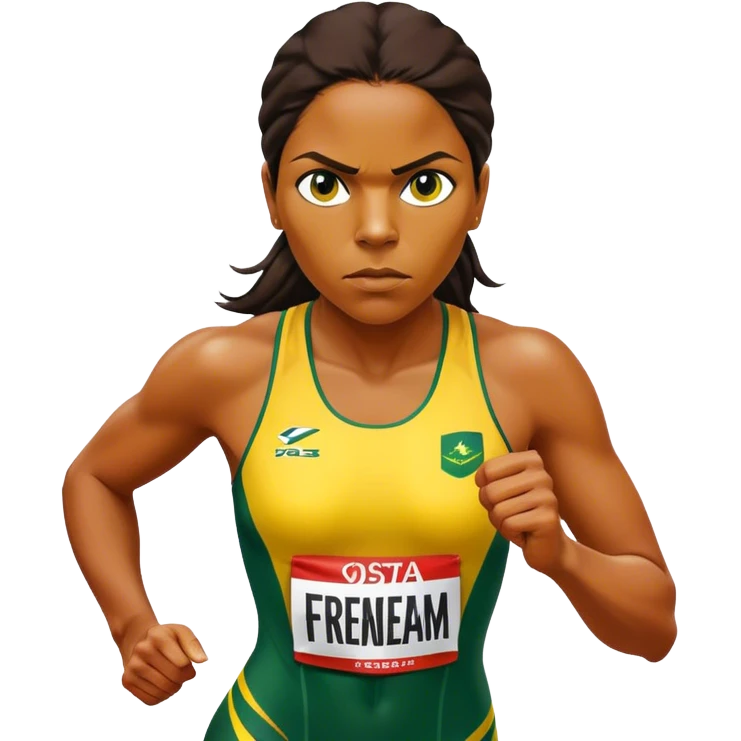 Cinematic Realistic portrait of Cathy Freeman, shown as an iconic Australian sprinter with a focused, determined expression and modern athletic yellow and green attire accented with subtle native motifs, rendered in dynamic, vibrant lighting emoji