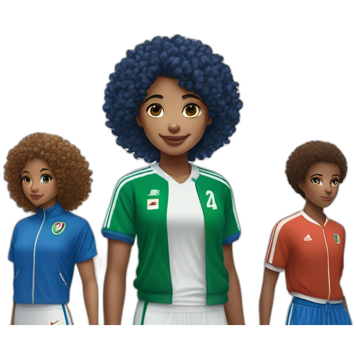 girl curly hair and a Algeria jersey blue and jogging blue, Nike blazer blue and swoosh blue who says goodbye emoji