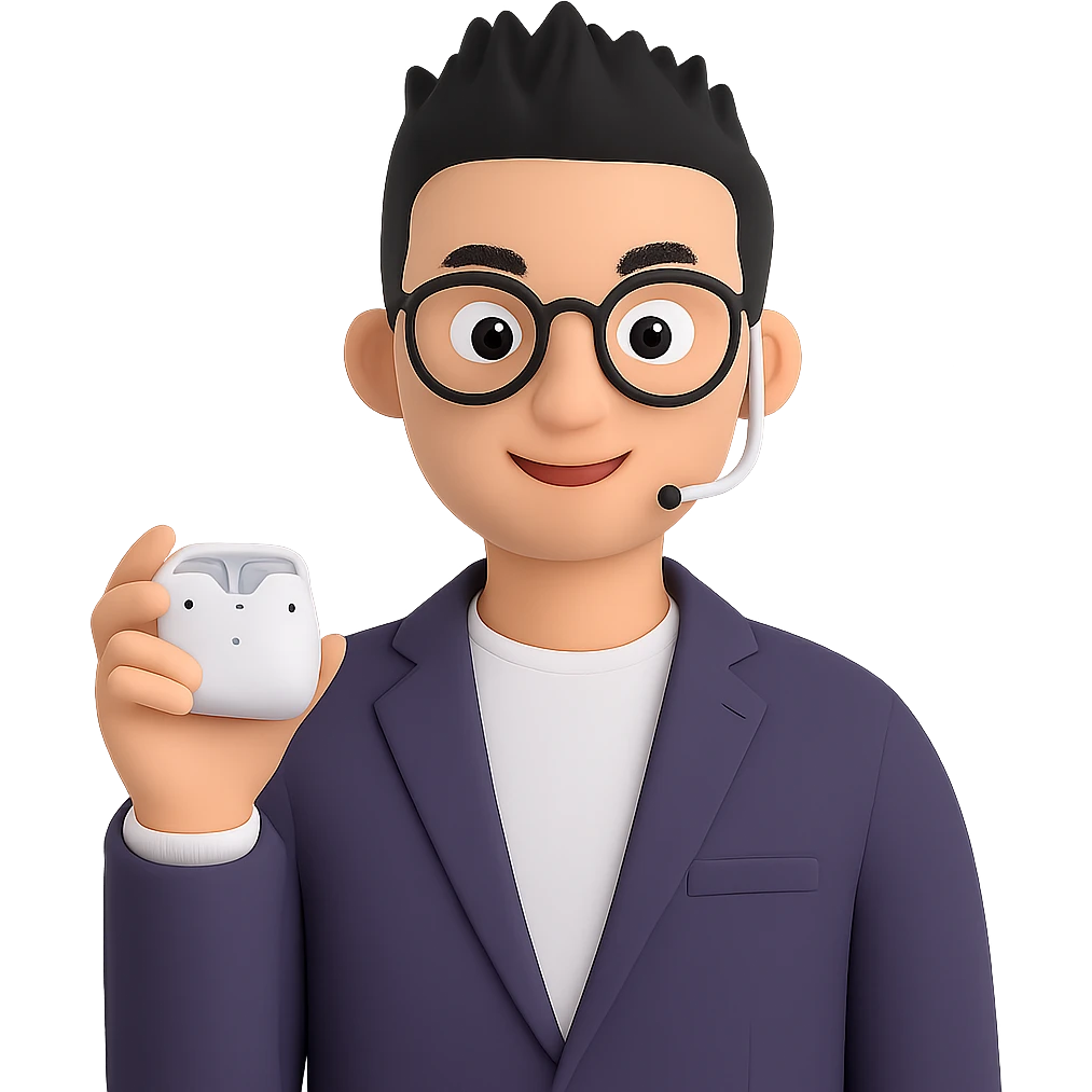 Change to a short spiky hairstyle, keeping the Memoji-style 3D cartoon look. Maintain all other features and accessories the same, with a smart casual podcast host vibe. No background. emoji