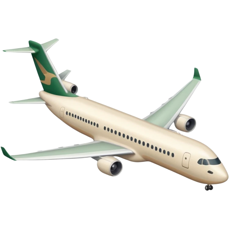 long modern light beige airliner with light beige wings and dark green accents, emoji style emoji