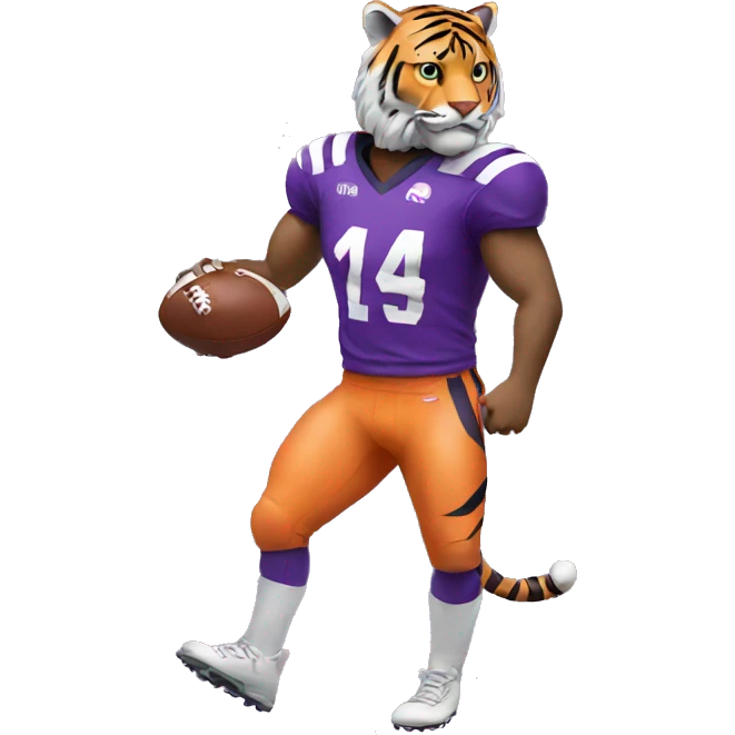 Tiger wear purple jersey holding a football emoji