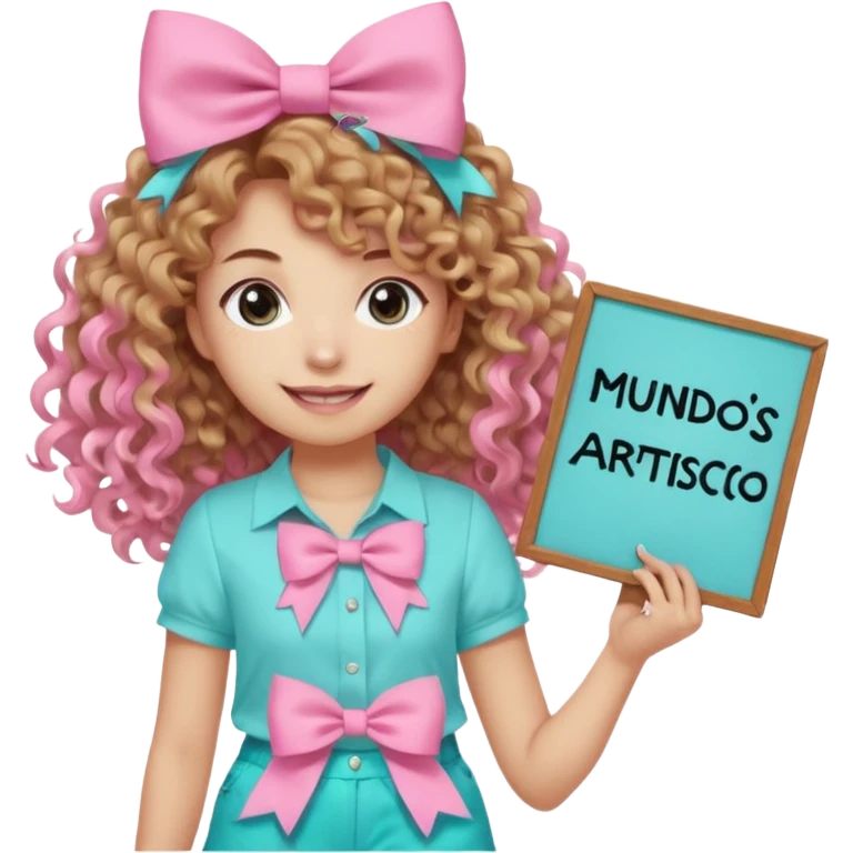 Crea una imagen mía kawai para stickers q tenga bonitos ojos cabello largo crespo color castaño claro y un hermoso moño rosa la blusa rosada y un hermoso chort color azul aguamarina y en sus manos un letrero q diga mundos Artistico Cc los zapatos estilo converse emoji
