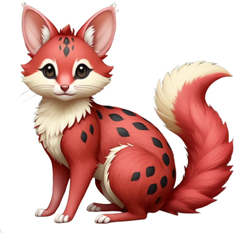 Strawberry-Red, black-pointed, soft natural realistic romantic vintage antique divine beautiful elegant pretty precious cute young youthful  Fakémon-Pokémon-opossum-feline-mouse-serval-caracal-chinchilla-Minccino-Cinccino-Meowstic-rodent-hybrid-creature with a big fluffy bushy tail (full body) emoji
