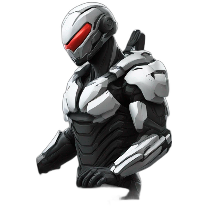 Side view developer behind his laptop with this style : Crytek Crysis Video game with nanosuit hacker themed character emoji
