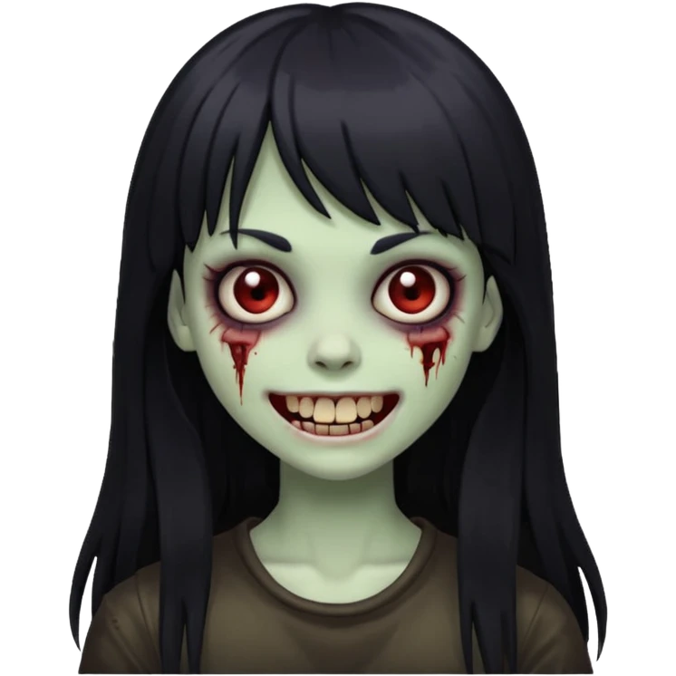 girl zombie with black long hair and bangs, creepy smile emoji