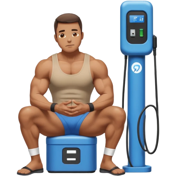 A naked man with bulging muscles sits in a thoughtful pose at a Bluetti charging station. emoji