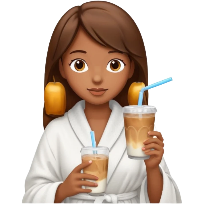 Side profile of a girl with brown hair in a robe and towel sipping iced coffee emoji
