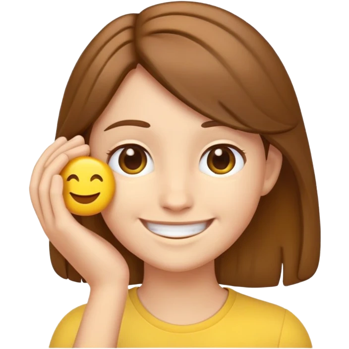 yellow emoji style character with brown hair tucking hair behind ear, smiling emoji