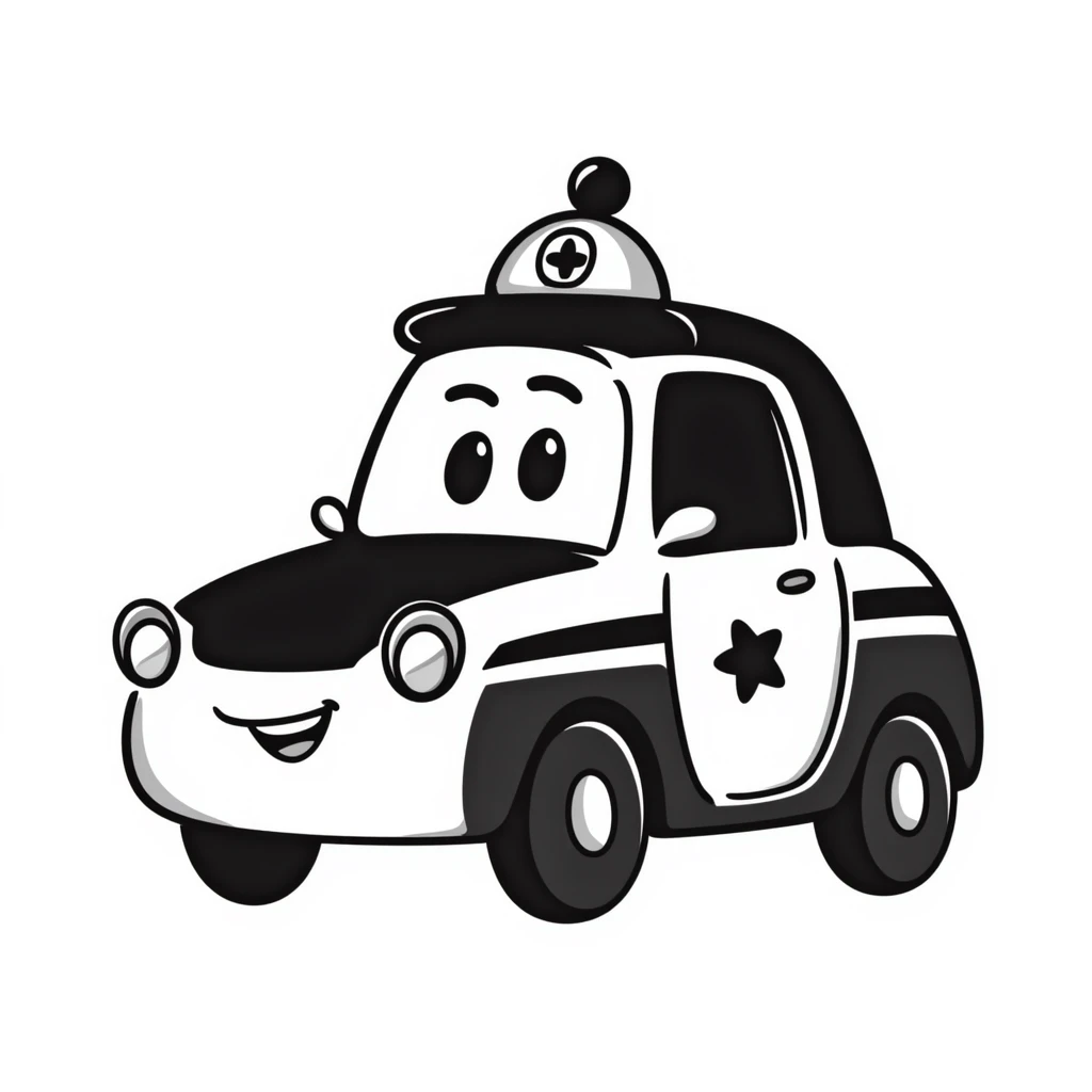 A hand-drawn police car with a determined, friendly face and a police hat emoji