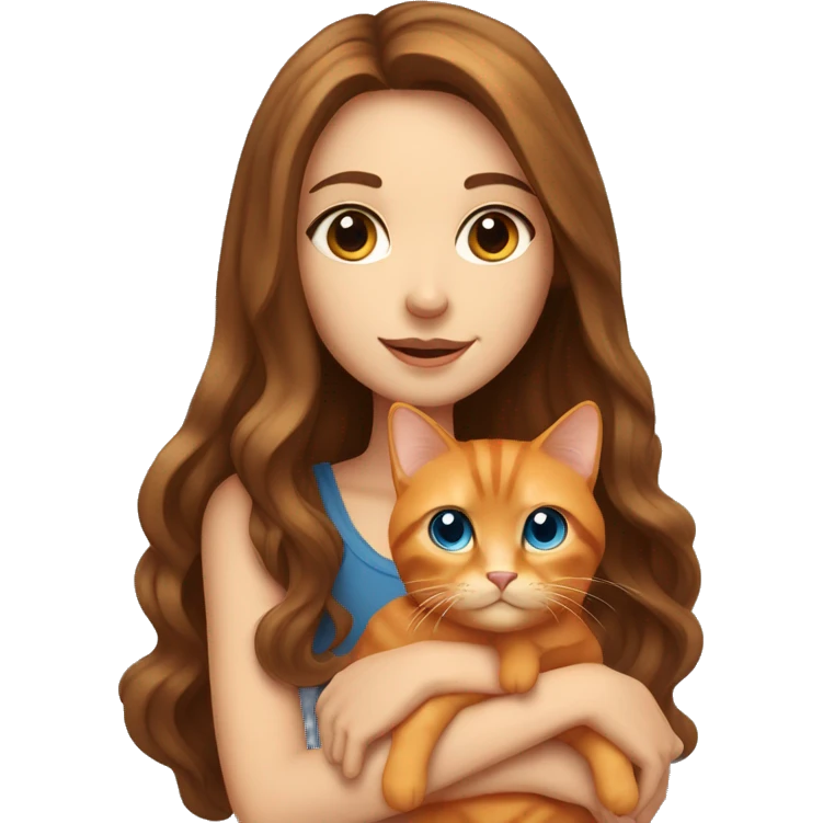 long haired brunette girl with blue eyes holding one chubby orange tabby cat emoji