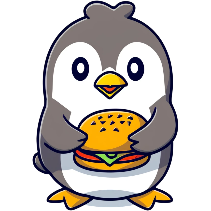 penguin eating a large hamburger emoji