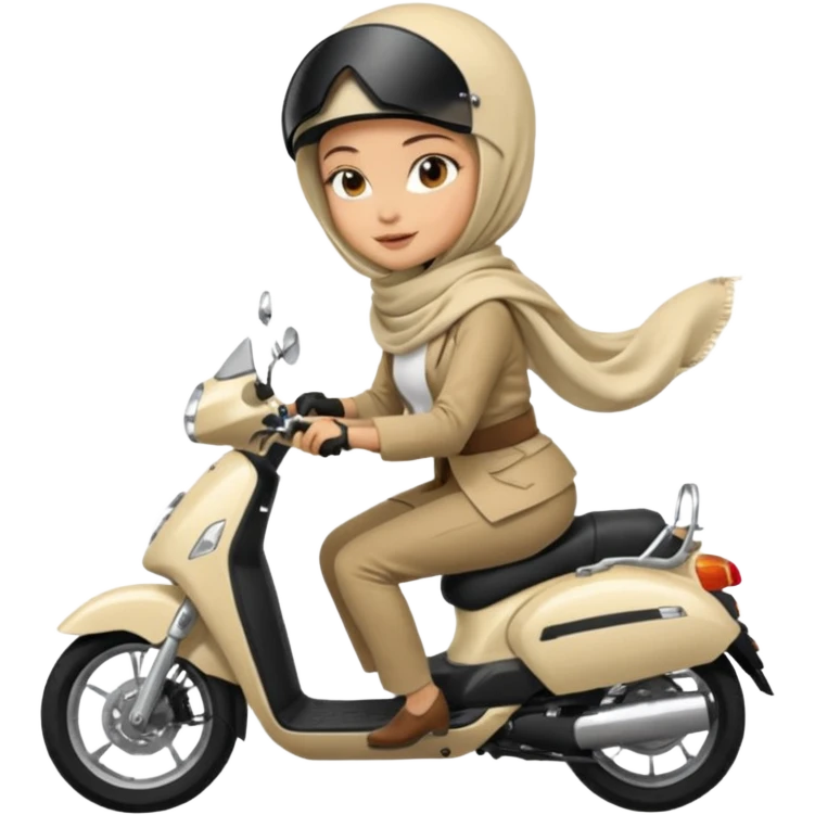 A woman wearing a cream colored pashmina hijab riding a motorbike pcx emoji