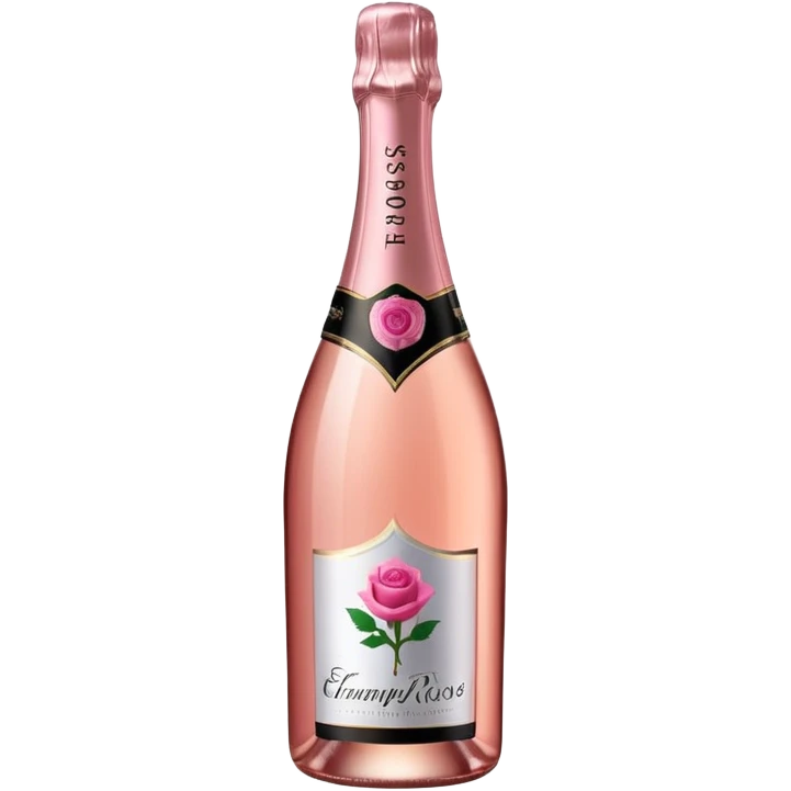 bottle of sparkling rosé champagne with a rose logo on the label, tilted up and to the right, no glass emoji