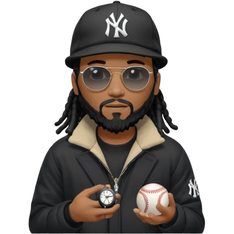 African American Man with shoulder length black dreadlocks with black beard wearing black sunglasses wearing a black bubble winter coat and a New York Yankees logo baseball cap checking the time emoji