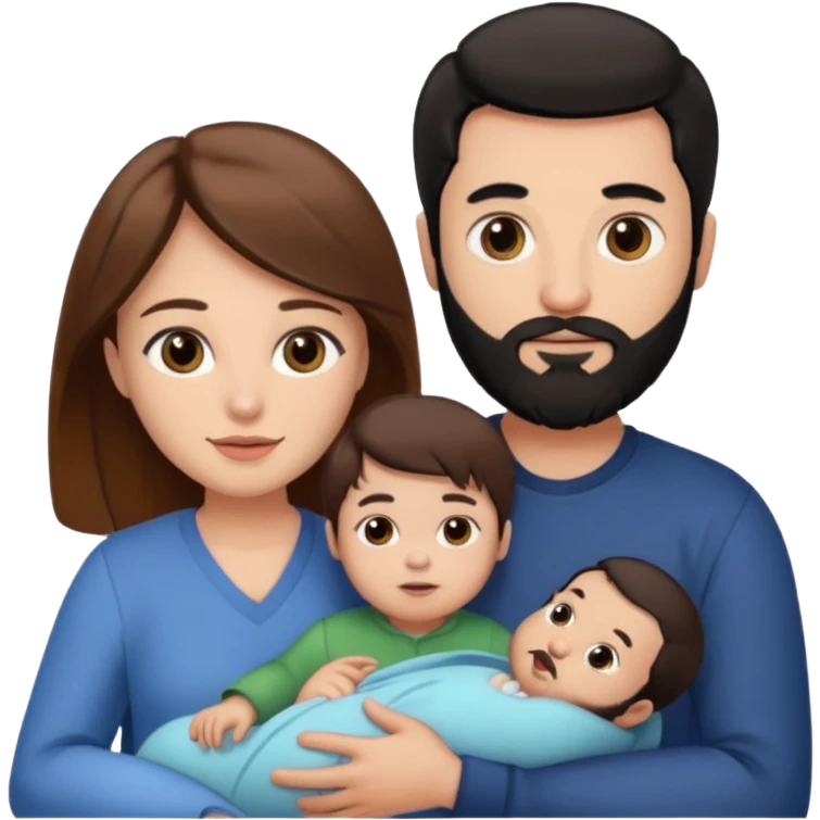 Una mujer con pelo castaño y ojos marrones y un hombre con pelo negro y barba y un solo bebe emoji