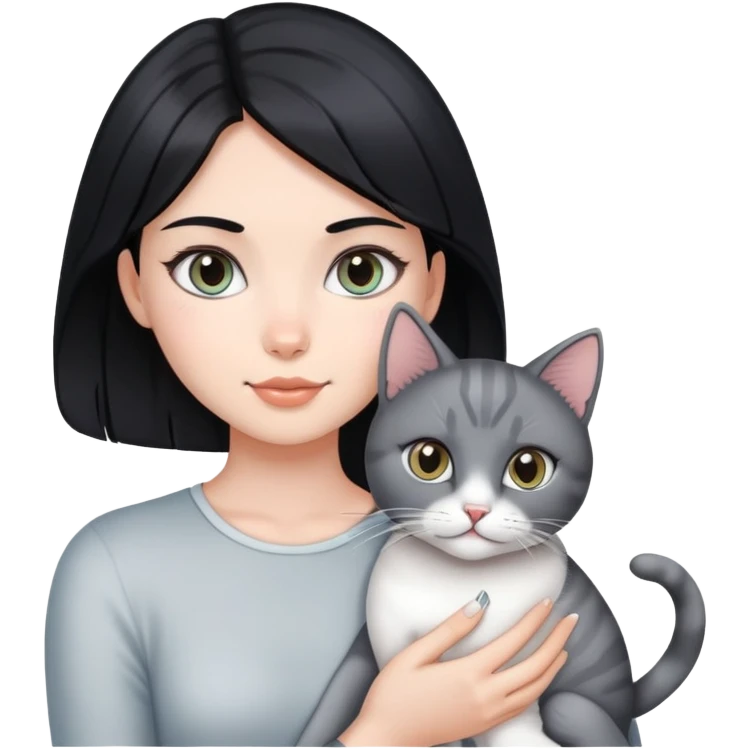 A beautiful black-haired girl holding a silver-colored cat emoji