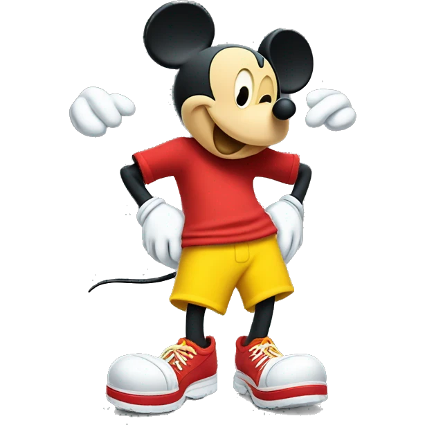 Mickey Mouse wearing red shorts and big yellow shoes, smiling happily. emoji