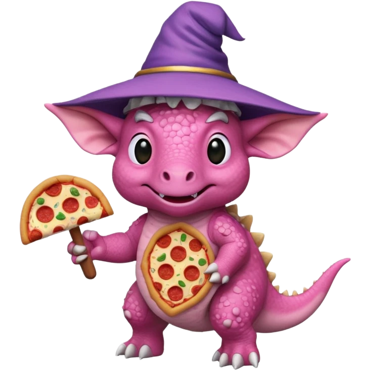 pink triceratops with a wizard hat holding a pepperoni sausage pizza slice emoji