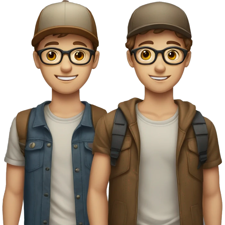couple of teenagers, brothers with fair skin, brown hair, she with glasses, he with a cap emoji