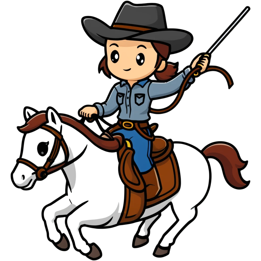 girl wearing cowboy hat riding a horse holding a whip emoji