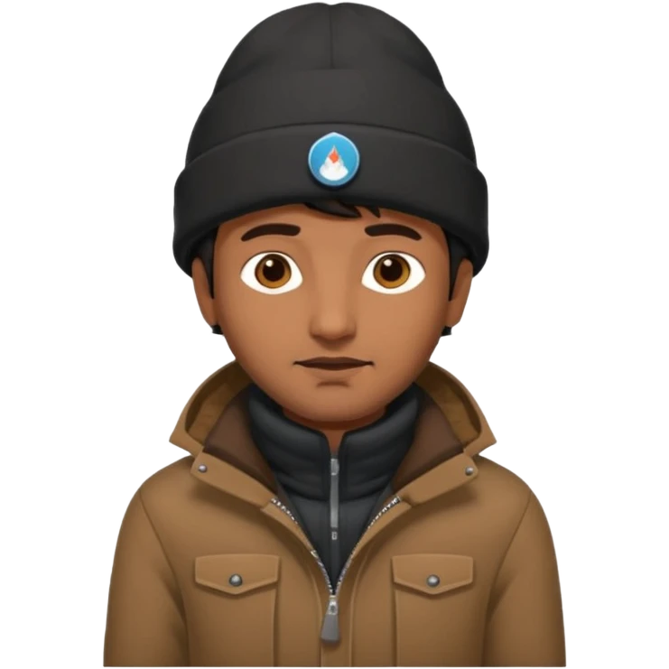 indian guy wearing a black winter hat and brown winter jacket emoji