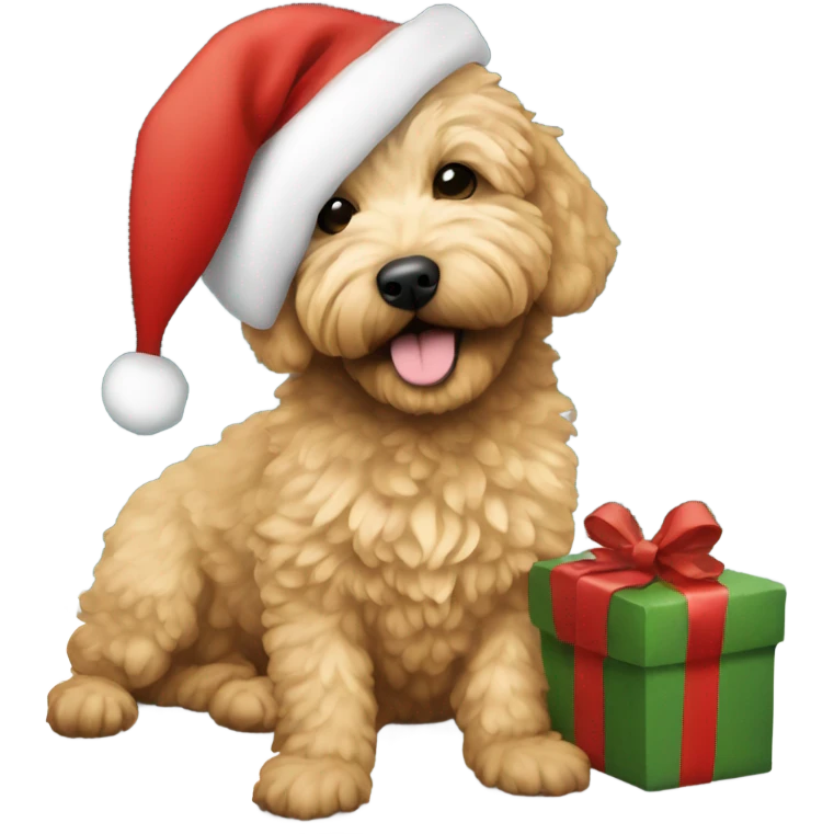 Small golden doodle wearing a Santa hat under a Christmas tree emoji