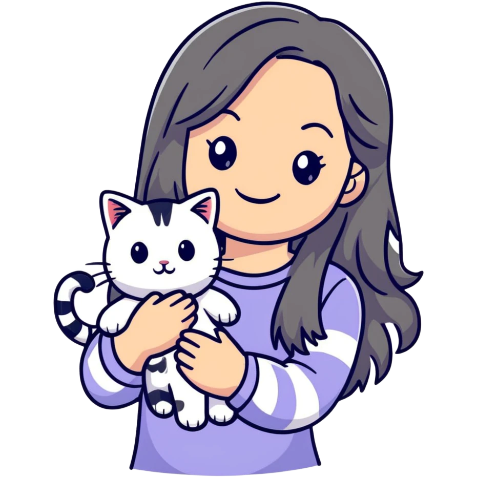 smiling girl with long hair holding a cat with silver stripes emoji