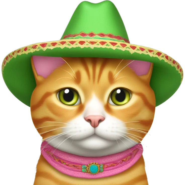 8-year old orange tabby cat with white belly, chest, and lower face. His nose and inside of ears are pink. Light green eyes. No collar but he has a Mexican sombrero on his head. He is fat. He doesn't like wearing the hat. emoji