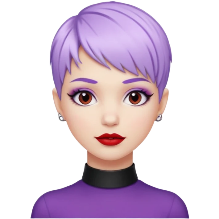 trendy white girl, pastel purple pixie hairstyle, black choker, red lipstick, lip ring, half smile, fashion-forward emoji