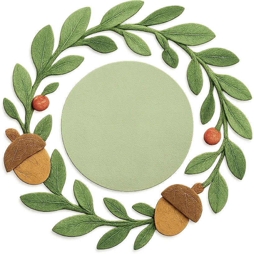 wreath of forest leaves, acorns, and berries, soft green circle sticker, paper-craft style, transparent background emoji
